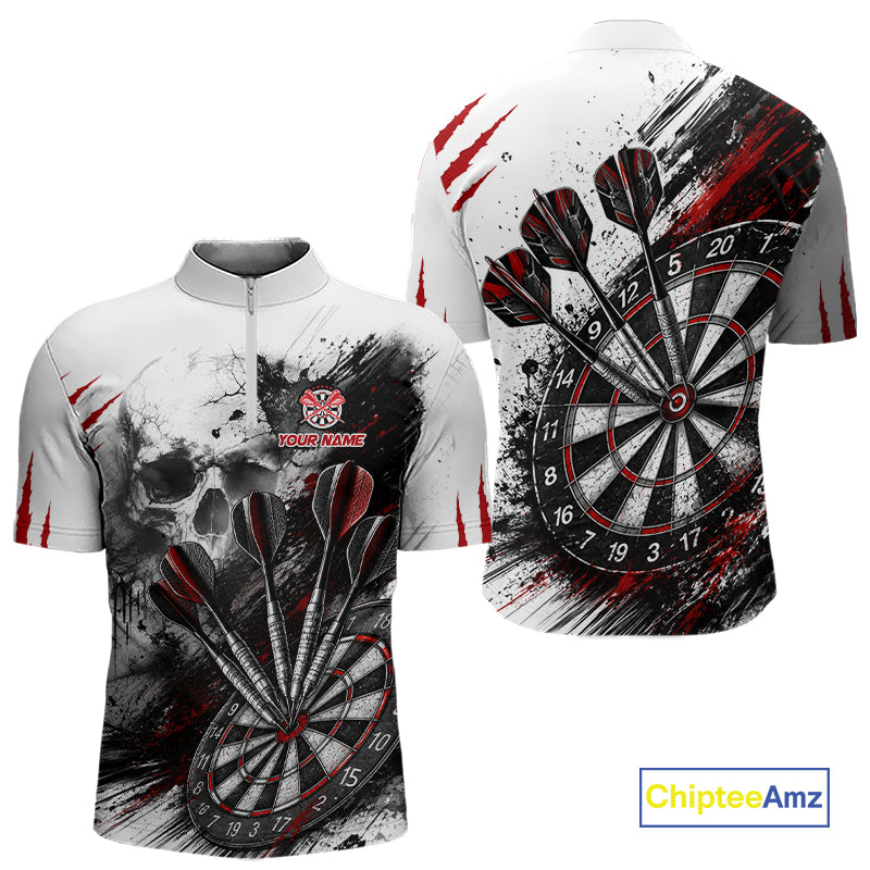 Skull Red Dart Board Polo 1/4-Zip Shirt For Men Custom Skull Darts Team Darts Tournament Jersey NHT1490