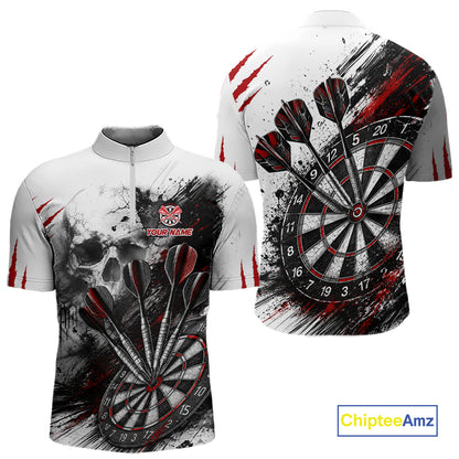 Skull Red Dart Board Polo 1/4-Zip Shirt For Men Custom Skull Darts Team Darts Tournament Jersey NHT1490