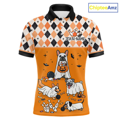 French Orange Bulldog Halloween Bowling Team League Shirt, Bowling Polo Jersey For Men NHT1495