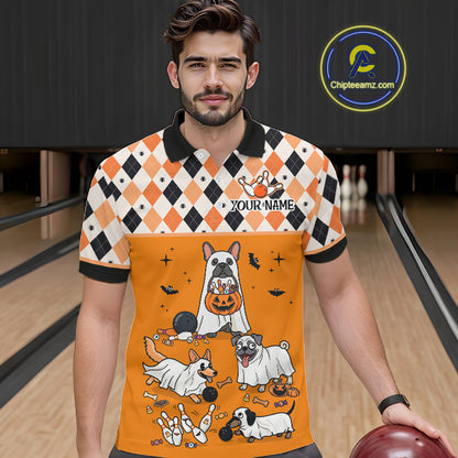 French Orange Bulldog Halloween Bowling Team League Shirt, Bowling Polo Jersey For Men NHT1495