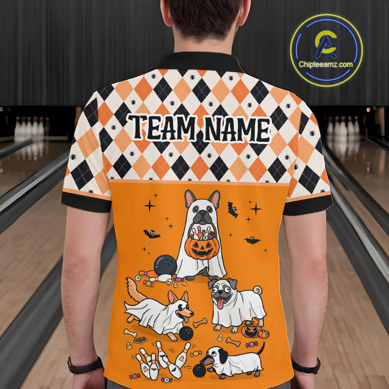 French Orange Bulldog Halloween Bowling Team League Shirt, Bowling Polo Jersey For Men NHT1495