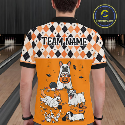 French Orange Bulldog Halloween Bowling Team League Shirt, Bowling Polo Jersey For Men NHT1495
