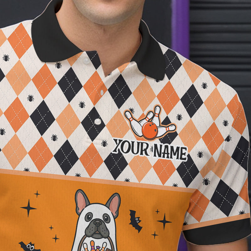 French Orange Bulldog Halloween Bowling Team League Shirt, Bowling Polo Jersey For Men NHT1495
