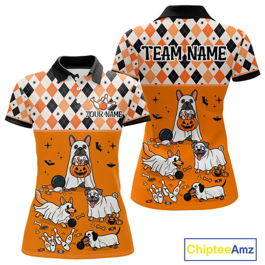 French Orange Bulldog Halloween Bowling Team League Shirt, Bowling Polo Jersey For Women NHT1495
