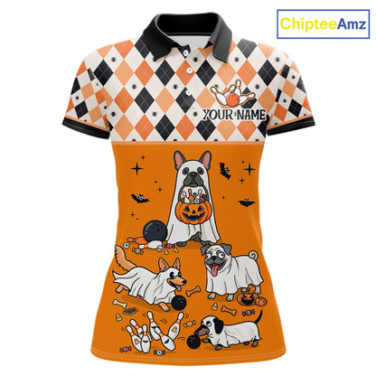 French Orange Bulldog Halloween Bowling Team League Shirt, Bowling Polo Jersey For Women NHT1495