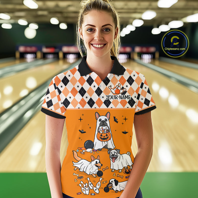 French Orange Bulldog Halloween Bowling Team League Shirt, Bowling Polo Jersey For Women NHT1495