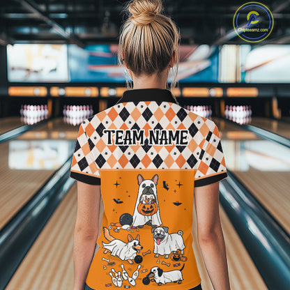 French Orange Bulldog Halloween Bowling Team League Shirt, Bowling Polo Jersey For Women NHT1495