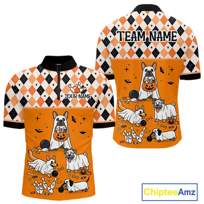 French Orange Bulldog Halloween Bowling Team League Shirt, Bowling Polo Jersey For Men NHT1495