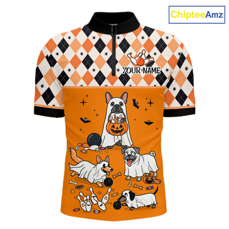 French Orange Bulldog Halloween Bowling Team League Shirt, Bowling Polo Jersey For Men NHT1495
