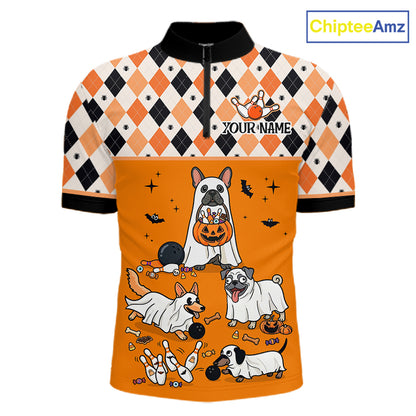 French Orange Bulldog Halloween Bowling Team League Shirt, Bowling Polo Jersey For Men NHT1495