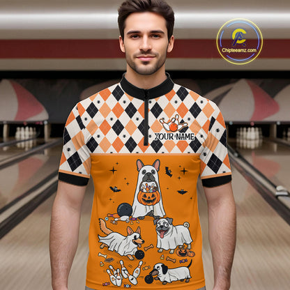 French Orange Bulldog Halloween Bowling Team League Shirt, Bowling Polo Jersey For Men NHT1495