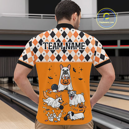 French Orange Bulldog Halloween Bowling Team League Shirt, Bowling Polo Jersey For Men NHT1495