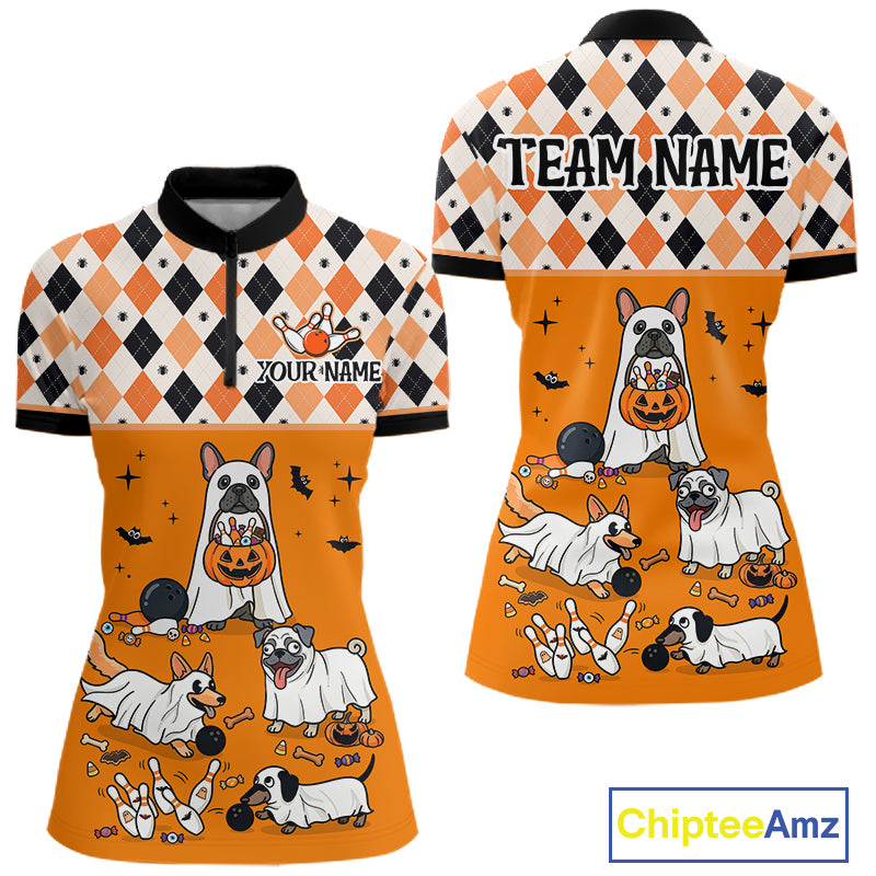 French Orange Bulldog Halloween Bowling Team League Shirt, Bowling Polo Jersey For Women NHT1495