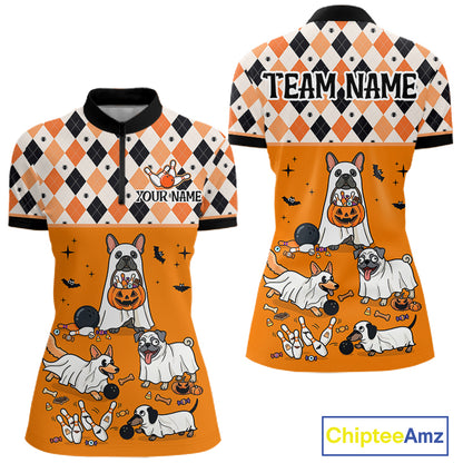 French Orange Bulldog Halloween Bowling Team League Shirt, Bowling Polo Jersey For Women NHT1495