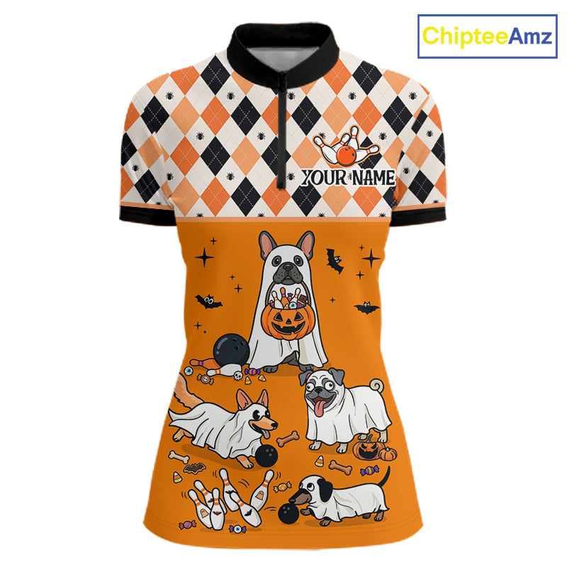French Orange Bulldog Halloween Bowling Team League Shirt, Bowling Polo Jersey For Women NHT1495