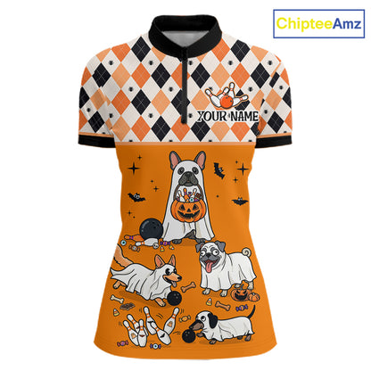French Orange Bulldog Halloween Bowling Team League Shirt, Bowling Polo Jersey For Women NHT1495
