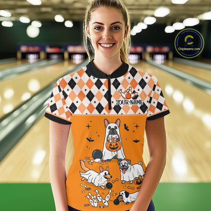 French Orange Bulldog Halloween Bowling Team League Shirt, Bowling Polo Jersey For Women NHT1495