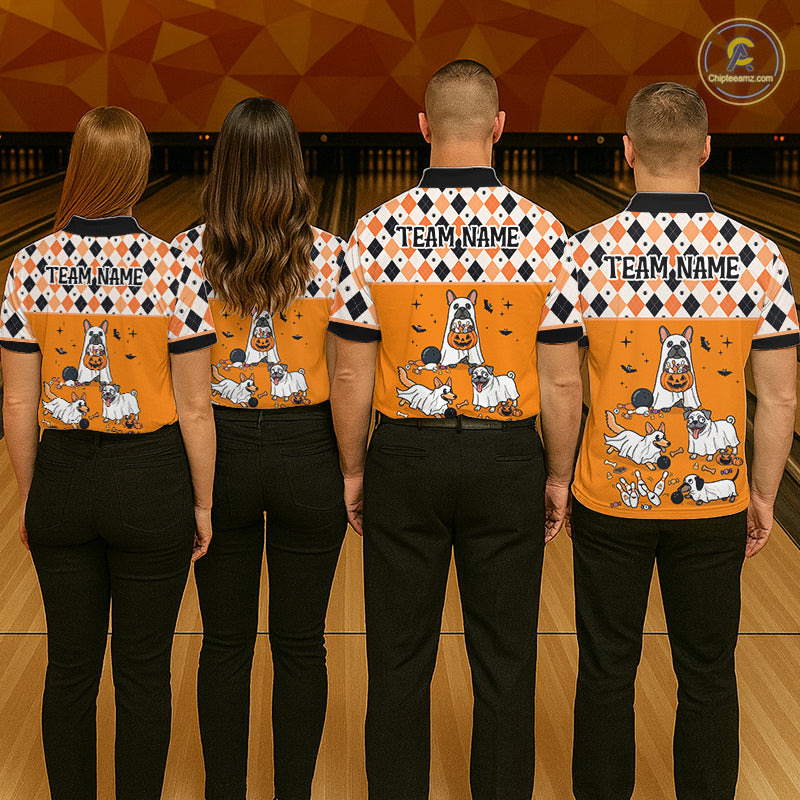 French Orange Bulldog Halloween Bowling Team League Shirt, Bowling Polo Jersey For Women NHT1495