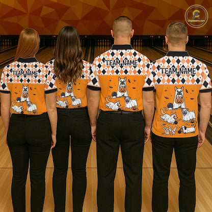 French Orange Bulldog Halloween Bowling Team League Shirt, Bowling Polo Jersey For Women NHT1495