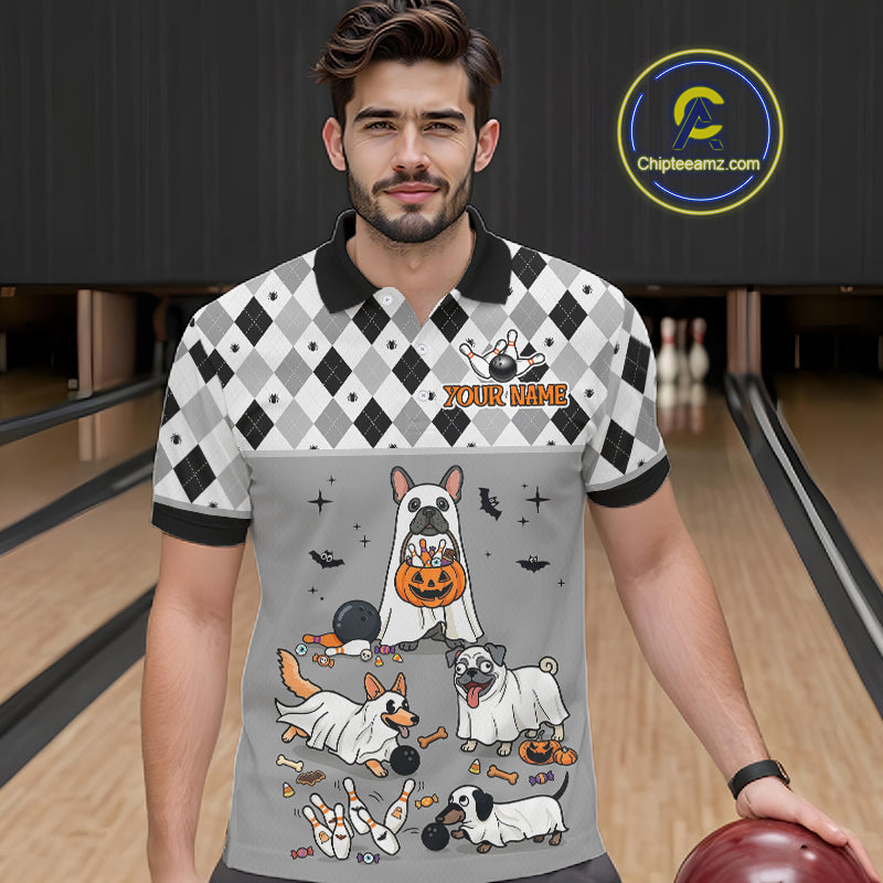 French Grey Bulldog Halloween Bowling Team League Shirt, Bowling Polo Jersey For Men NHT1496
