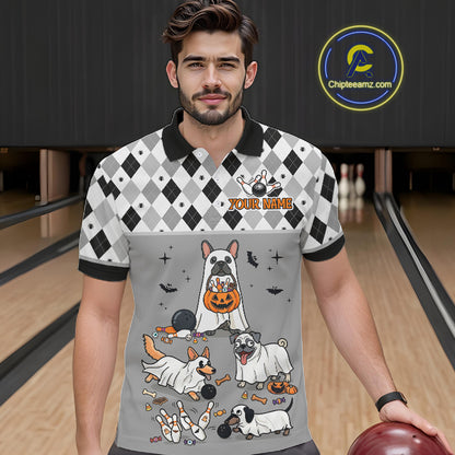 French Grey Bulldog Halloween Bowling Team League Shirt, Bowling Polo Jersey For Men NHT1496