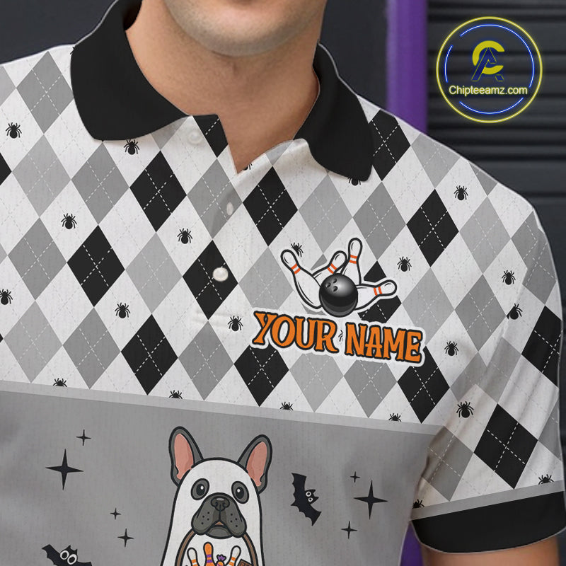 French Grey Bulldog Halloween Bowling Team League Shirt, Bowling Polo Jersey For Men NHT1496