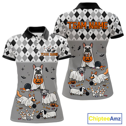 French Grey Bulldog Halloween Bowling Team League Shirt, Bowling Polo Jersey For Women NHT1496