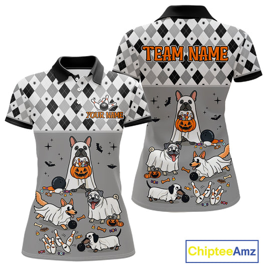 French Grey Bulldog Halloween Bowling Team League Shirt, Bowling Polo Jersey For Women NHT1496