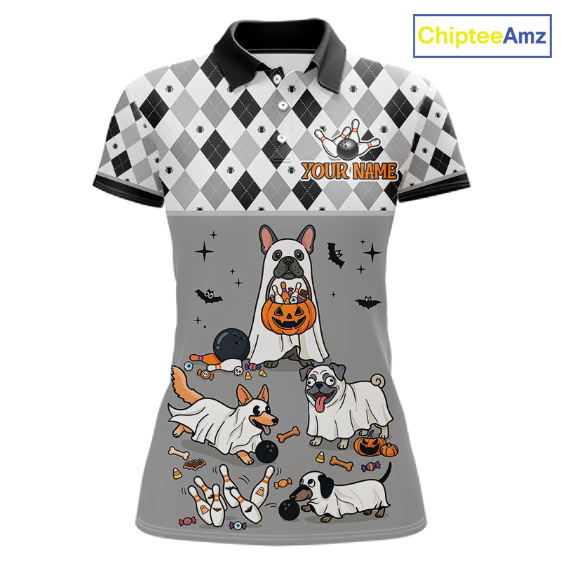 French Grey Bulldog Halloween Bowling Team League Shirt, Bowling Polo Jersey For Women NHT1496