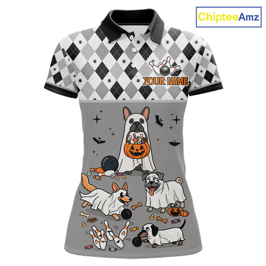 French Grey Bulldog Halloween Bowling Team League Shirt, Bowling Polo Jersey For Women NHT1496