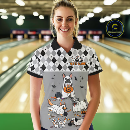 French Grey Bulldog Halloween Bowling Team League Shirt, Bowling Polo Jersey For Women NHT1496