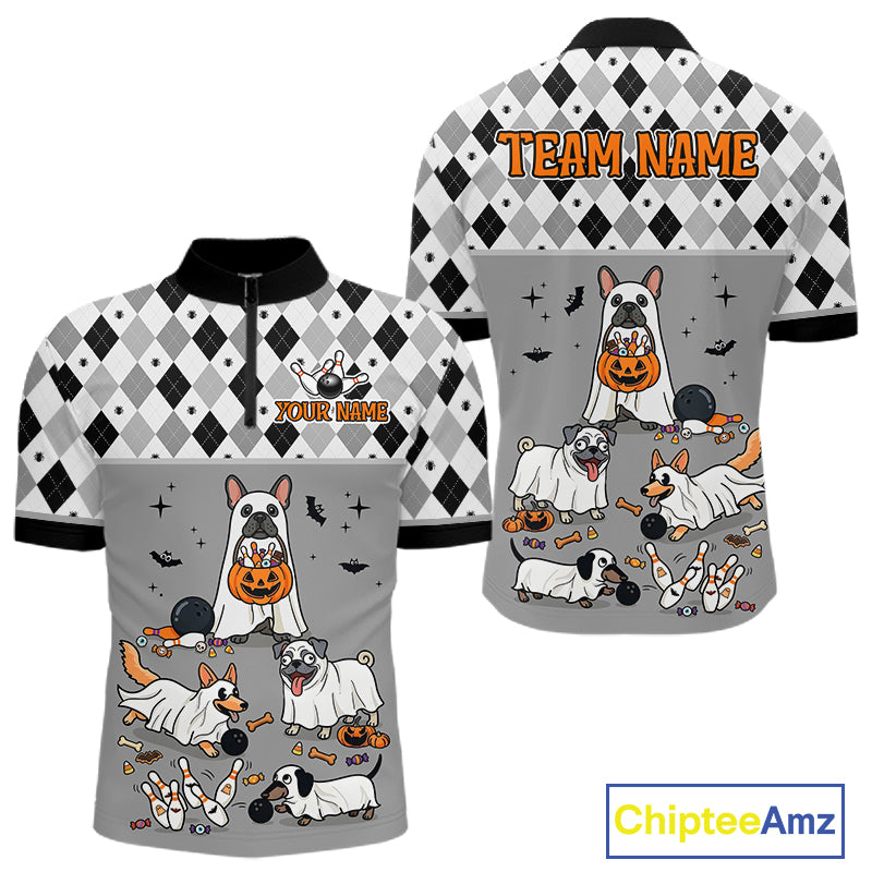 French Grey Bulldog Halloween Bowling Team League Shirt, Bowling Polo Jersey For Men NHT1496
