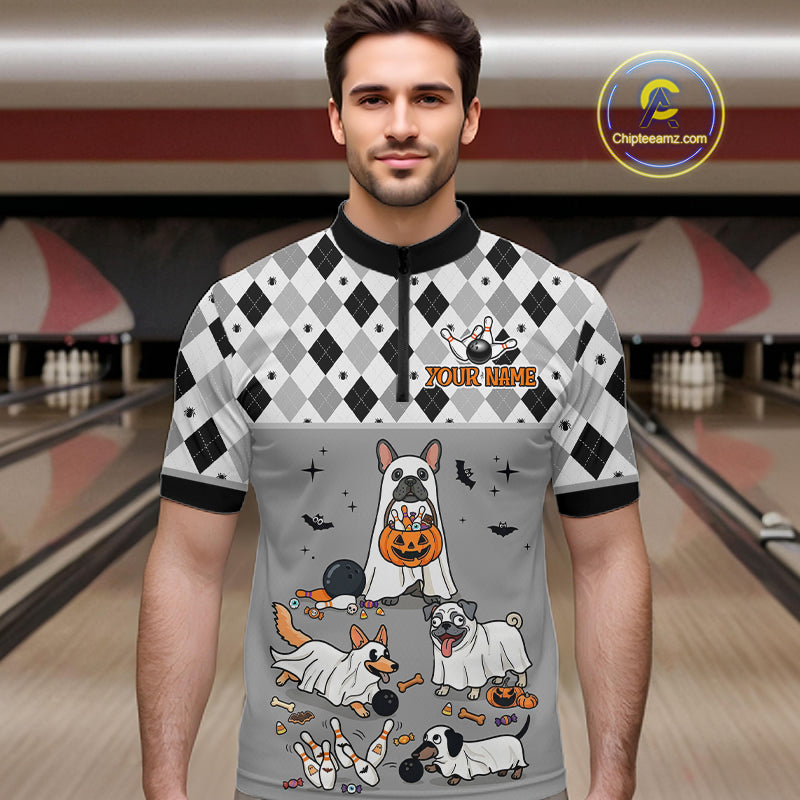French Grey Bulldog Halloween Bowling Team League Shirt, Bowling Polo Jersey For Men NHT1496