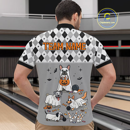 French Grey Bulldog Halloween Bowling Team League Shirt, Bowling Polo Jersey For Men NHT1496