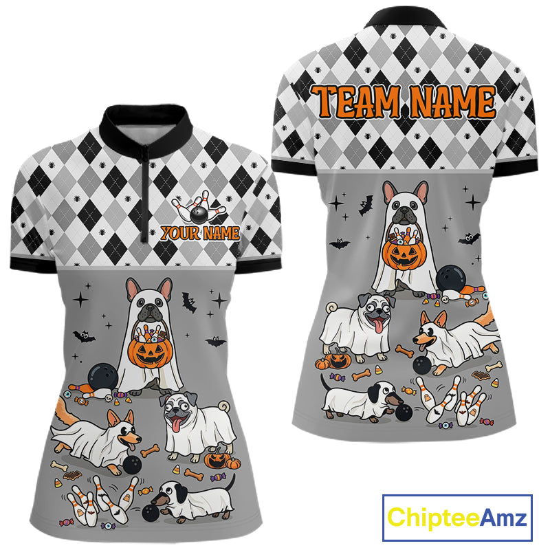 French Grey Bulldog Halloween Bowling Team League Shirt, Bowling Polo Jersey For Women NHT1496