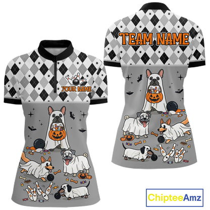 French Grey Bulldog Halloween Bowling Team League Shirt, Bowling Polo Jersey For Women NHT1496