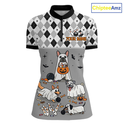 French Grey Bulldog Halloween Bowling Team League Shirt, Bowling Polo Jersey For Women NHT1496