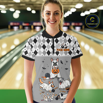 French Grey Bulldog Halloween Bowling Team League Shirt, Bowling Polo Jersey For Women NHT1496