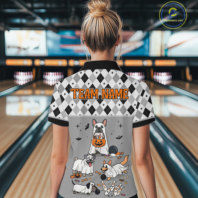 French Grey Bulldog Halloween Bowling Team League Shirt, Bowling Polo Jersey For Women NHT1496