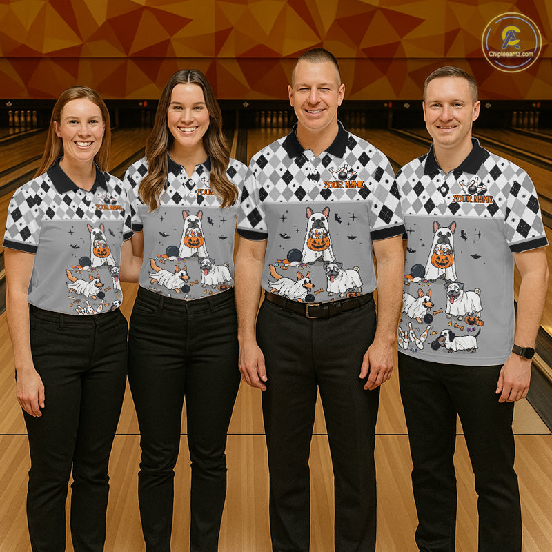 French Grey Bulldog Halloween Bowling Team League Shirt, Bowling Polo Jersey For Men NHT1496