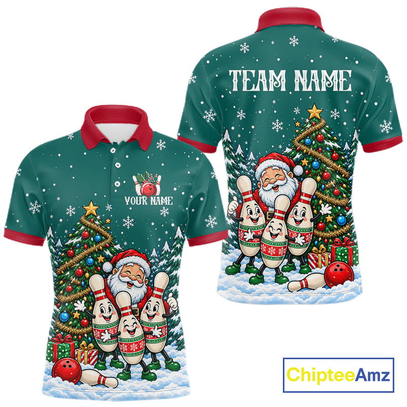 Personalized Christmas Men Bowling Polo Shirt Quarter Zip Green Santa Tree Pins Sportswear NHT1830