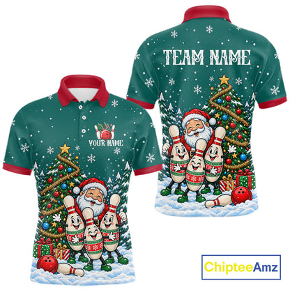 Personalized Christmas Men Bowling Polo Shirt Quarter Zip Green Santa Tree Pins Sportswear NHT1830