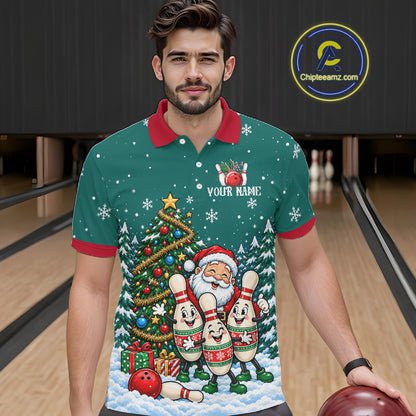 Personalized Christmas Men Bowling Polo Shirt Quarter Zip Green Santa Tree Pins Sportswear NHT1830