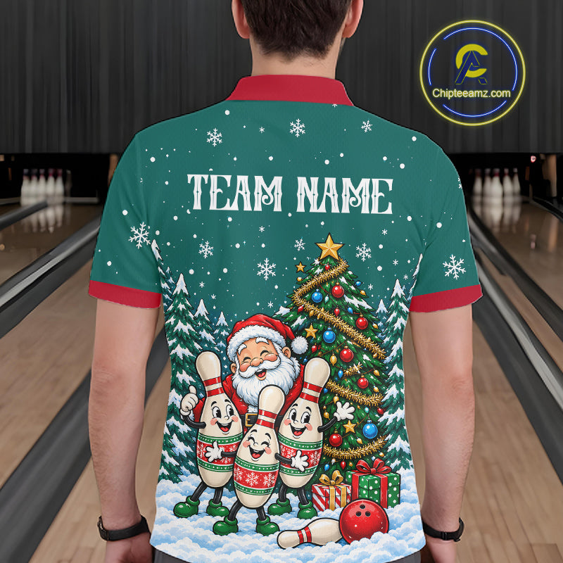 Personalized Christmas Men Bowling Polo Shirt Quarter Zip Green Santa Tree Pins Sportswear NHT1830