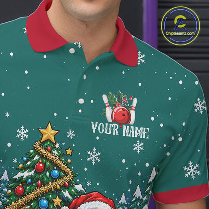 Personalized Christmas Men Bowling Polo Shirt Quarter Zip Green Santa Tree Pins Sportswear NHT1830