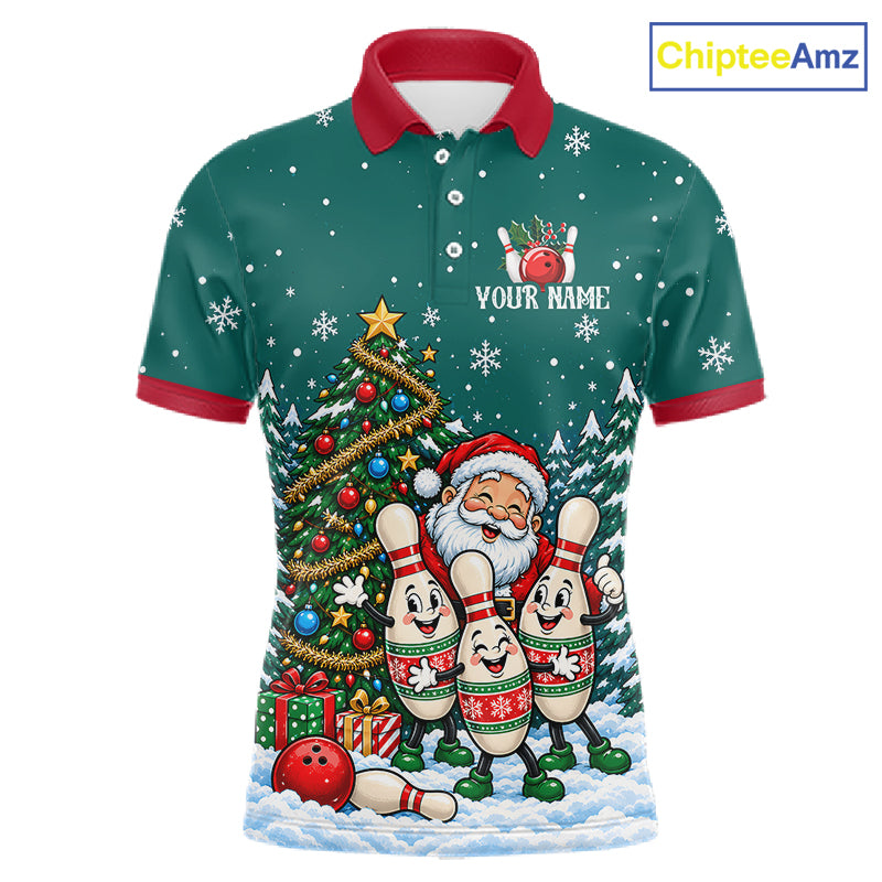 Personalized Christmas Men Bowling Polo Shirt Quarter Zip Green Santa Tree Pins Sportswear NHT1830