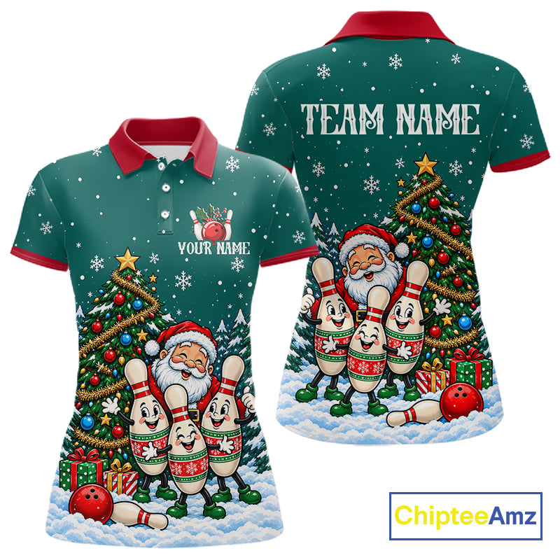 Personalized Christmas Women Bowling Polo Shirt Quarter Zip Green Santa Tree Pins Sportswear NHT1830