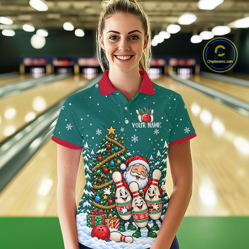 Personalized Christmas Women Bowling Polo Shirt Quarter Zip Green Santa Tree Pins Sportswear NHT1830