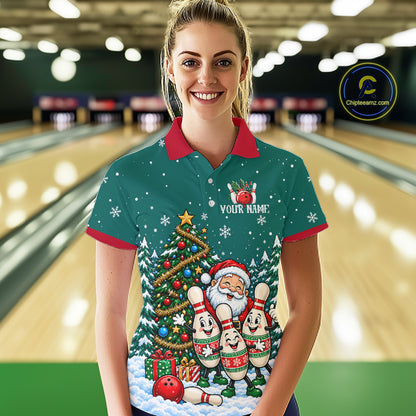 Personalized Christmas Women Bowling Polo Shirt Quarter Zip Green Santa Tree Pins Sportswear NHT1830