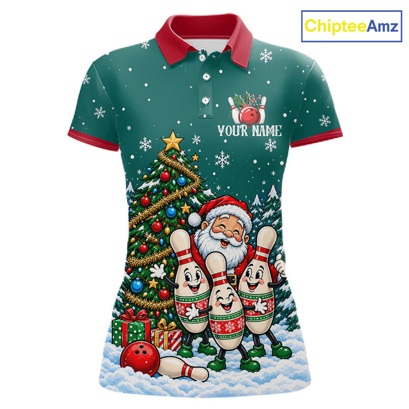 Personalized Christmas Women Bowling Polo Shirt Quarter Zip Green Santa Tree Pins Sportswear NHT1830
